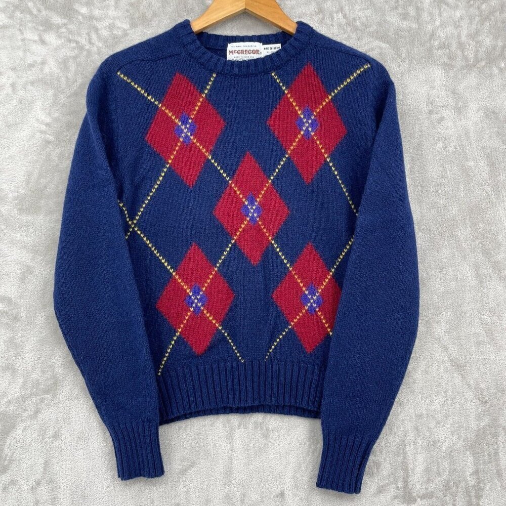 McGregor Vintage Pullover Wool Blend Argyle Blue Red Sweater USA Made - Picture 2 of 8